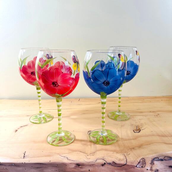 4 Vtg Hand-Painted Flower Butterfly Wine Glasses Goblets Floral Set Glass Water - Picture 2 of 11